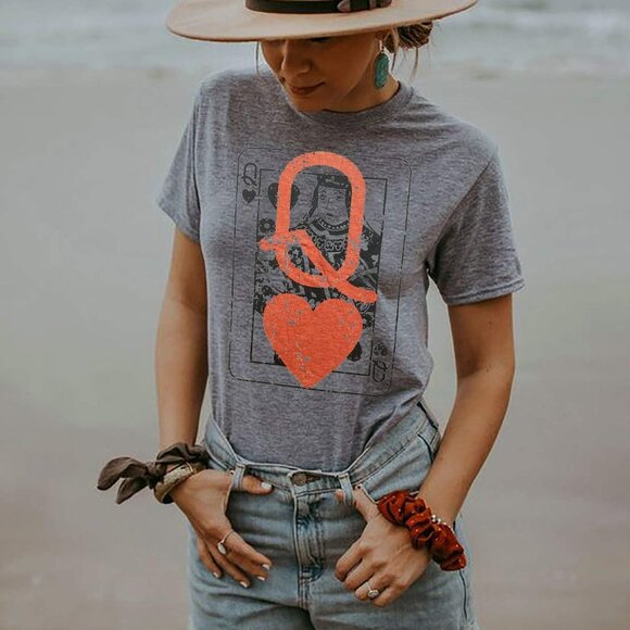 Q of Hearts T-Shirt Women Vintage Country Music Graphic Tee Casual Letters Print - Picture 3 of 5